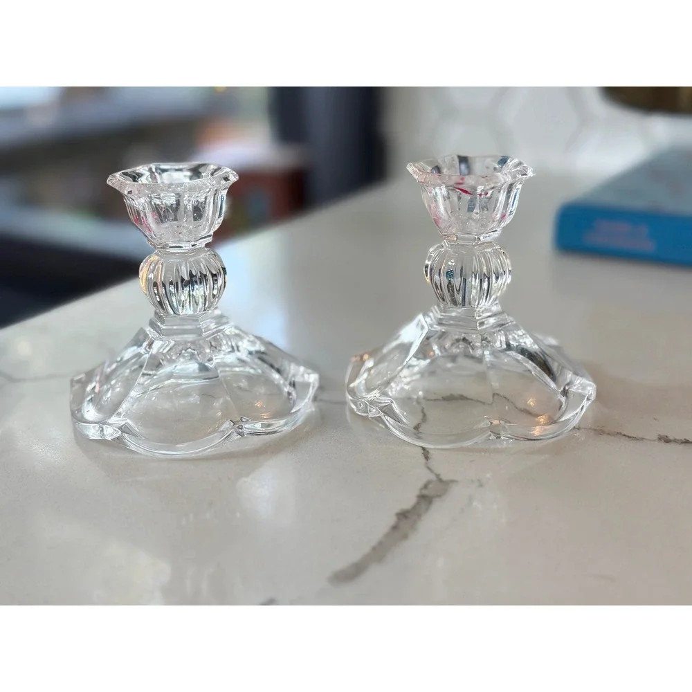 Vintage Gorham Style Crystal Clear Glass Taper Candlestick Holder Pair Gotham